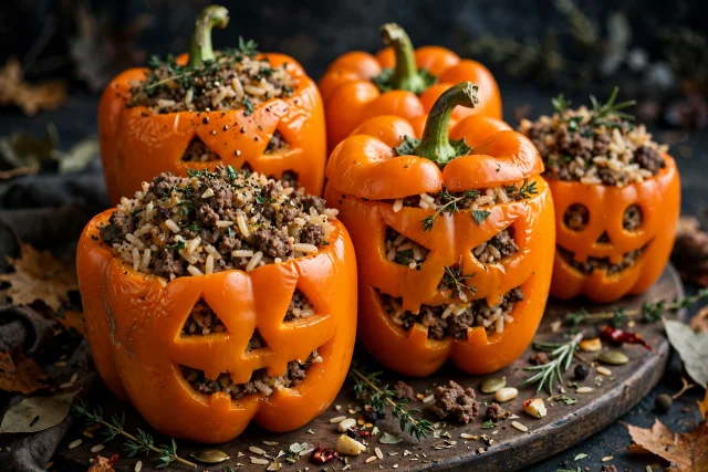 Jack-o-lantern stuffed peppers with rice and beef