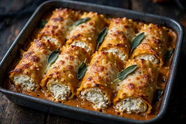 Lasagna rolls with ricotta filling and bubbling marinara
