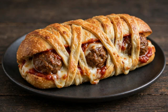 Meatball subs with marinara and melted mozzarella in toasted rolls