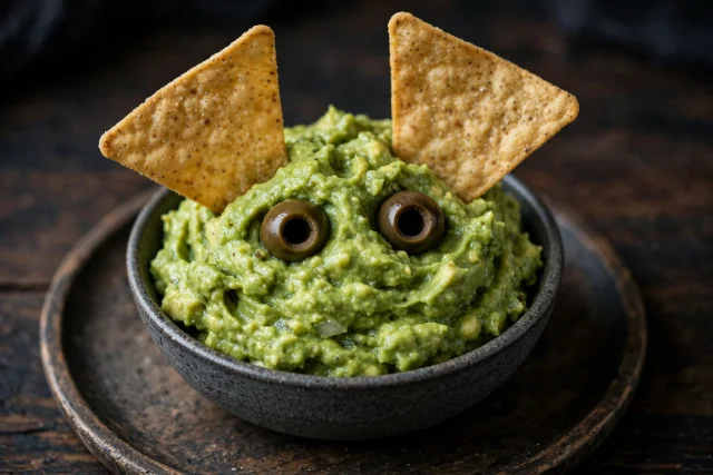 Guacamole monster dip with olive eyes and chip horns