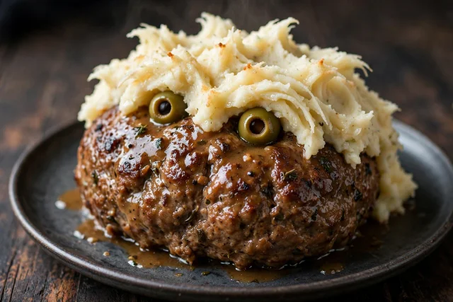 Monster meatloaf with mashed potato frosting and olive eyes