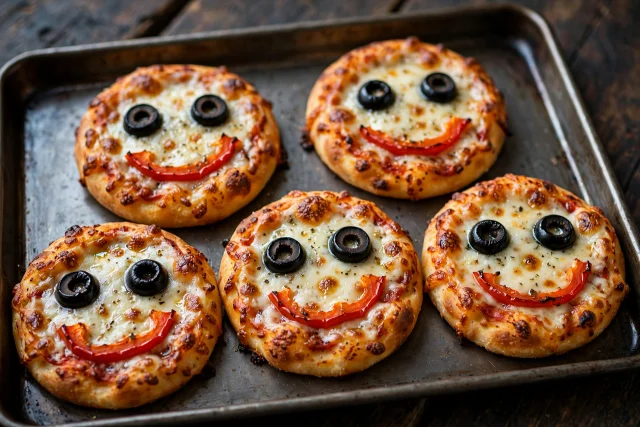 Monster pizzas with green olive eyes and pepperoni smiles
