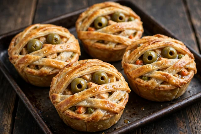 Mummy chicken pot pies wrapped in golden pastry strips with olive eyes