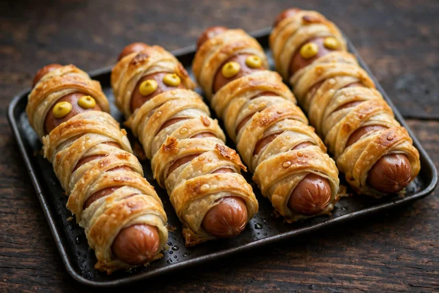 Mummy hot dogs wrapped in crescent dough with mustard eyes