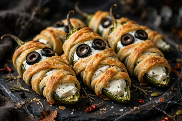 Mummy jalapeno poppers with pastry wraps and olive eyes