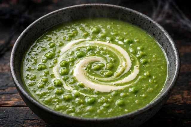 Witchy green pea soup with swirled cream in a deep bowl