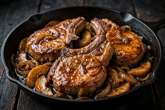 Cider glazed pork loin steaks with roasted apples