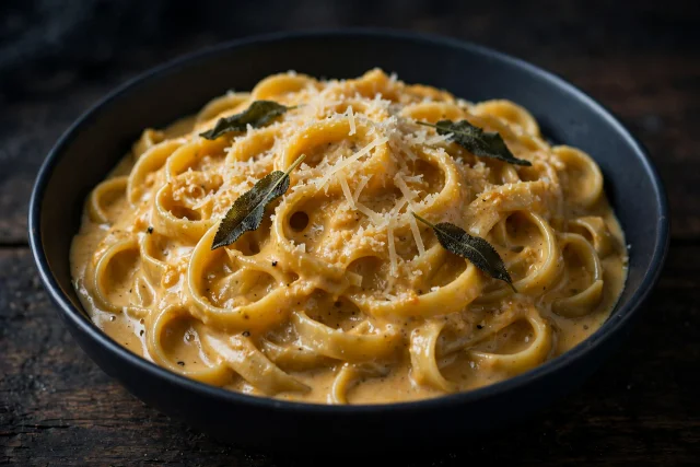 Pumpkin alfredo pasta with creamy orange sauce and sage