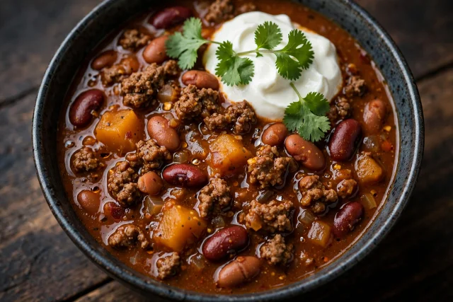 Pumpkin chili with ground turkey and beans topped with sour cream