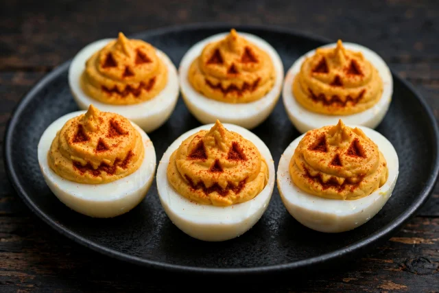 Pumpkin deviled eggs with jack-o-lantern faces