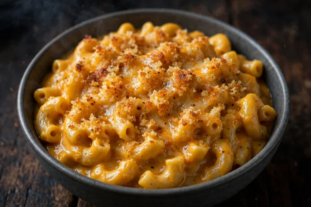 Pumpkin mac and cheese with golden crumb topping in a skillet