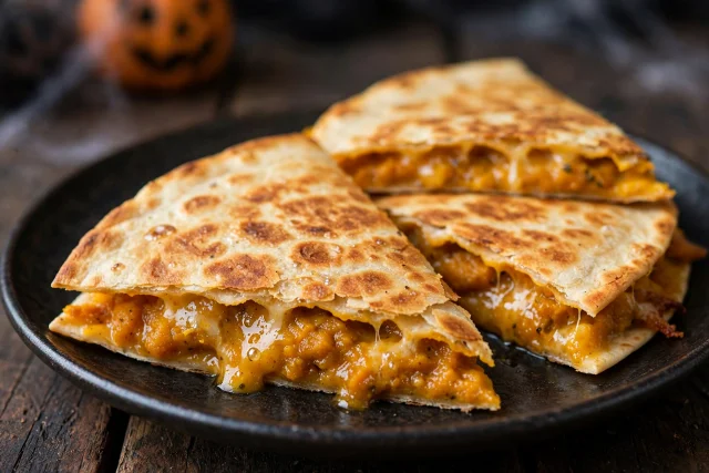 Pumpkin quesadilla wedges with melted cheese and dipping sauce