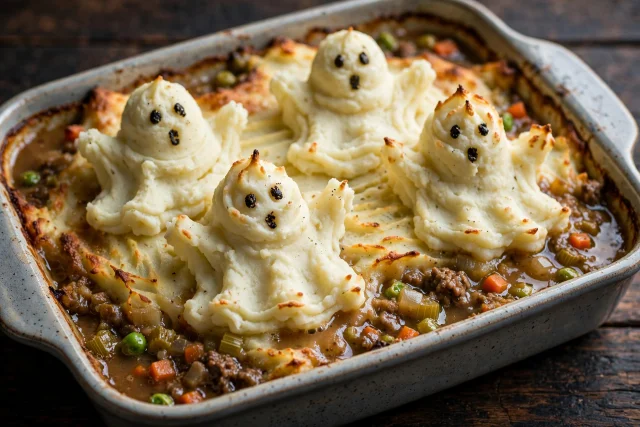 Shepherds pie with fork drawn spiderweb mash topping