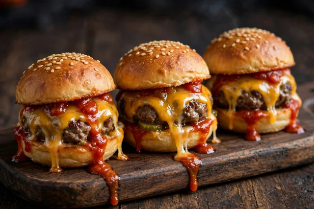 Mini burger sliders with melted cheddar and soft potato buns
