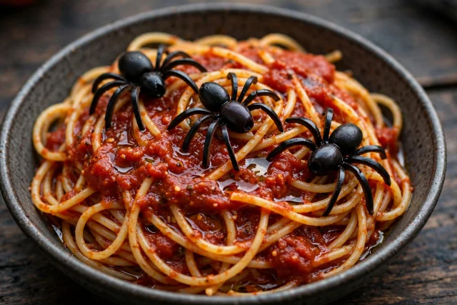 Spider spaghetti with meatballs and olive spiders on top