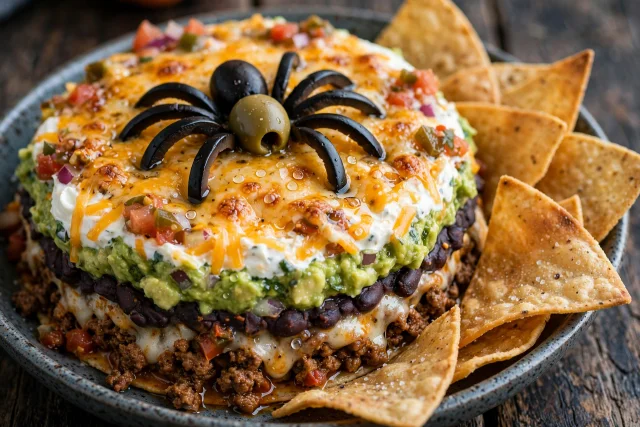 Spider taco dip with sour cream web and olive spider