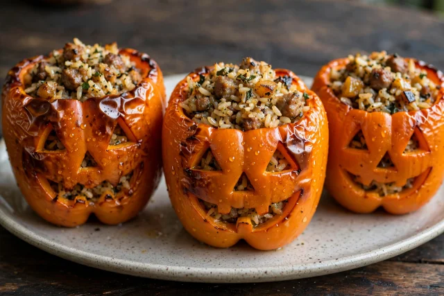 Jack o lantern stuffed peppers with savory rice filling