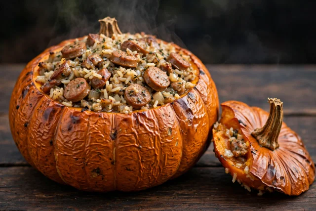 Dinner served in a roasted stuffed pumpkin with savory filling