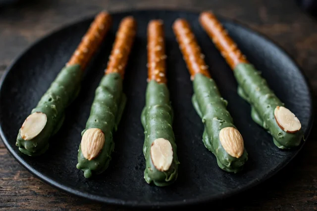 Witch finger pretzels with green coating and almond nails