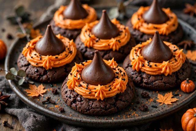 Witch hat cookies with chocolate kiss hats