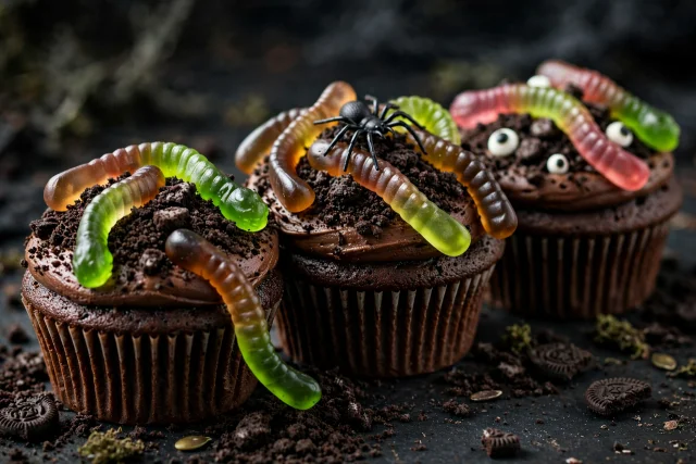 Creepy crawly cupcakes with gummy worms and oreo dirt