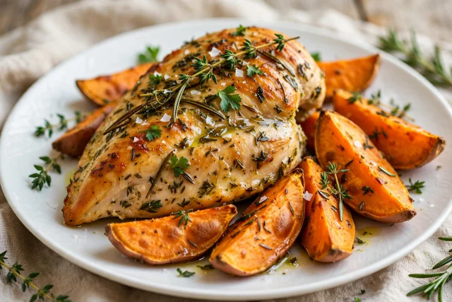 Herb baked chicken dinner with sweet potatoes