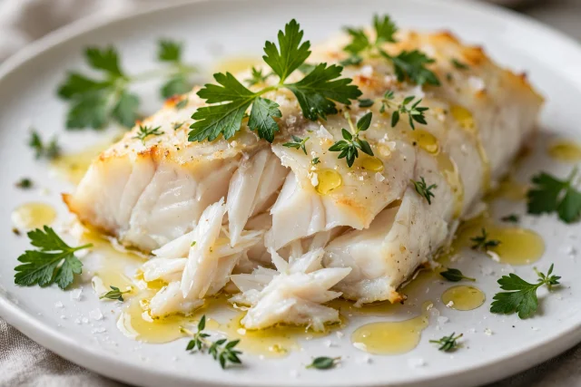 Baked cod dinner with herbs and olive oil