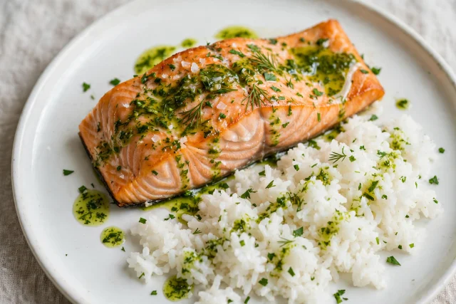 Salmon dinner with green herb oil