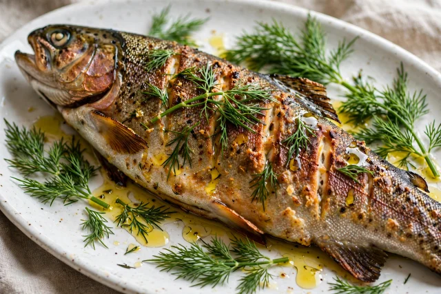 Baked trout dinner with fresh dill