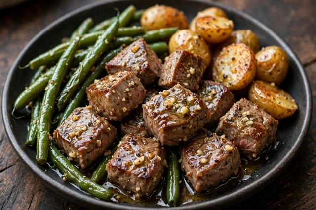 Garlic butter steak bites dinner with green beans, high protein Thanksgiving foods
