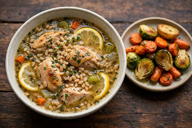 Chicken farro soup lunch with lemon and herbs