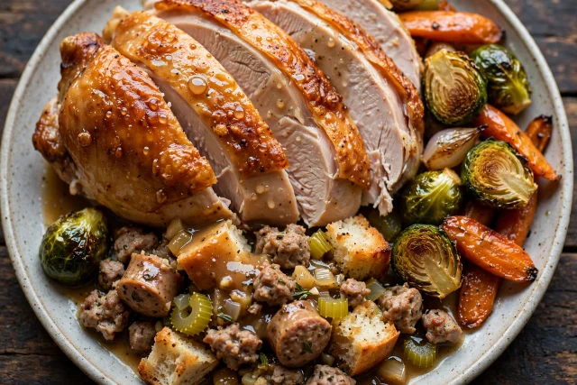 Cider brined roast turkey dinner with sausage stuffing