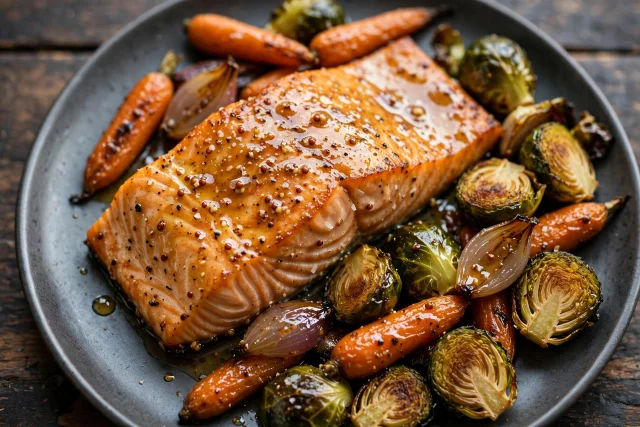 Honey mustard salmon dinner with roasted brussels sprouts