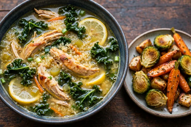 Lemon chicken quinoa soup lunch with kale