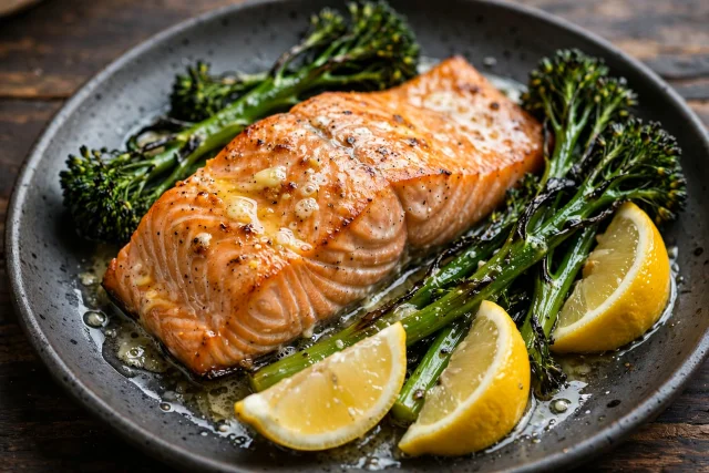 Lemon butter salmon fillet with charred broccolini