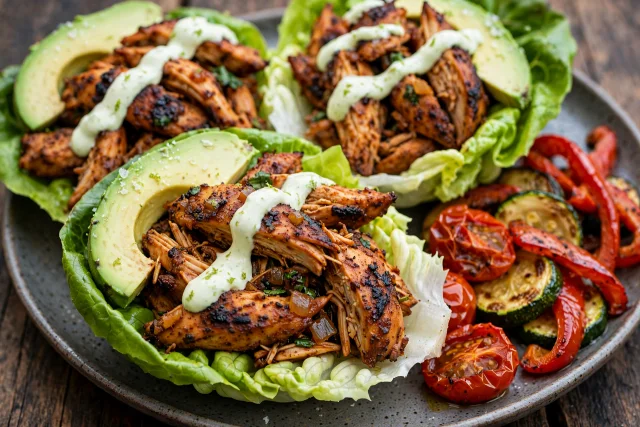Chipotle chicken lettuce cups with lime crema and avocado