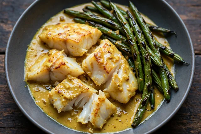 Coconut curry cod with charred green beans