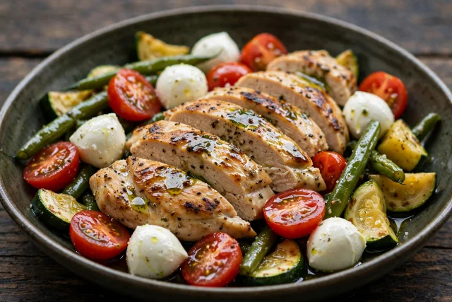 Caprese chicken salad with mozzarella and cherry tomatoes