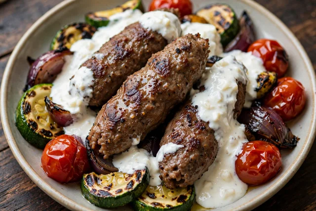 Lamb kofta with garlic yogurt and charred zucchini