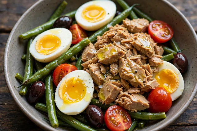 Nicoise salad with tuna, soft eggs, and green beans