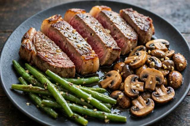 Ribeye steak with garlic butter mushrooms and green beans