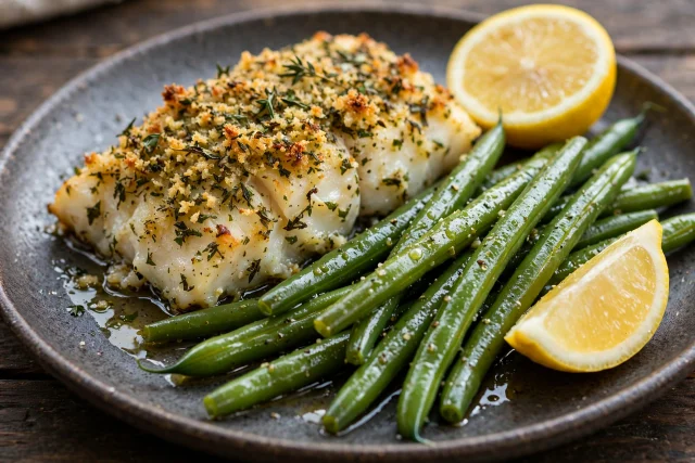 Herb crusted baked cod with green beans and lemon