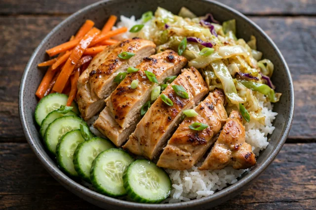 Chicken and cabbage rice bowl with scallion, cucumber, and carrots
