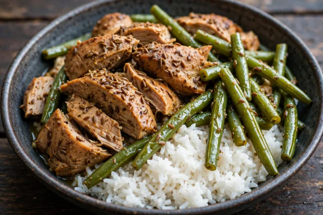 Cumin turkey and green bean skillet with white rice