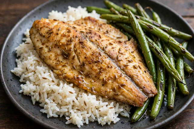 Cumin spiced tilapia fillet with green beans and white rice