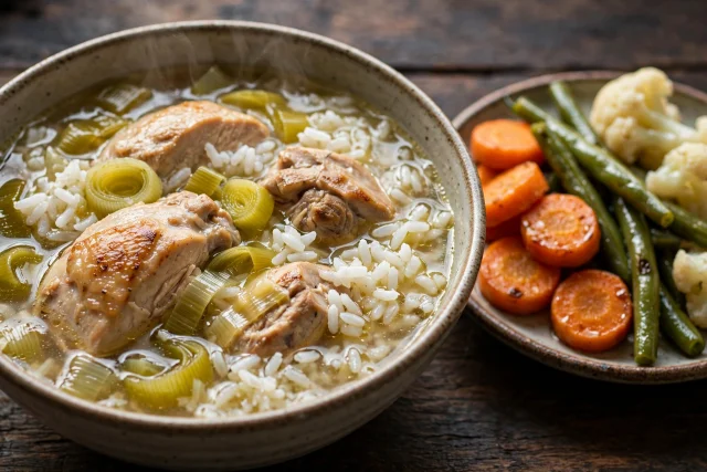 Chicken and leek soup with white rice and fresh thyme