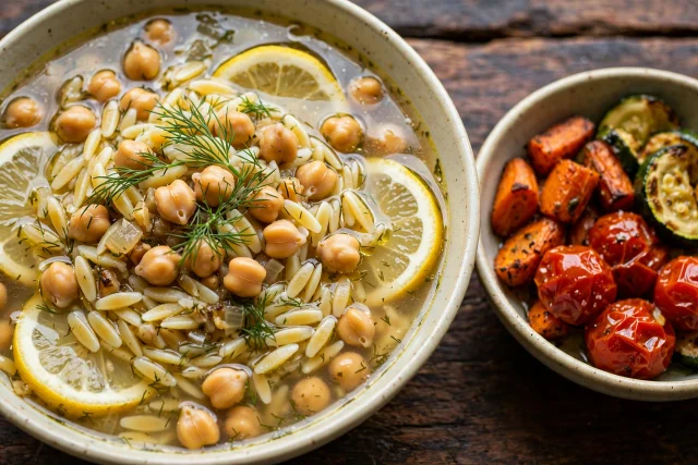 Orzo and chickpea broth bowl with lemon and dill