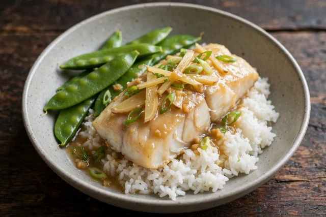 Ginger poached cod with rice and snow peas