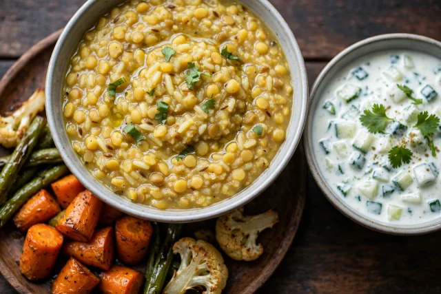 Moong dal khichdi with cucumber raita