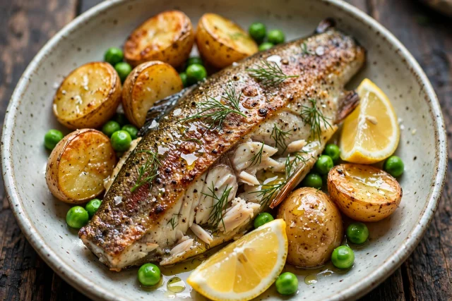 Dill roasted trout with new potatoes and peas